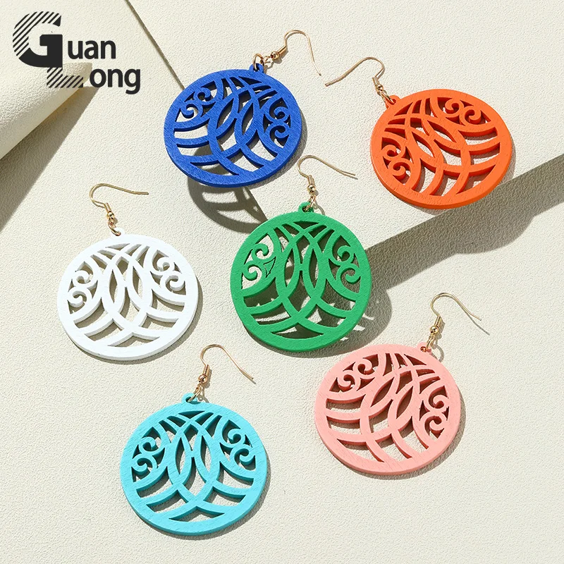 

GuanLong Korean Long Bohemian Wooden Earring for Women Big Geometric Round Drop Earrings Dangle Brincos Summer Trendy Jewelry