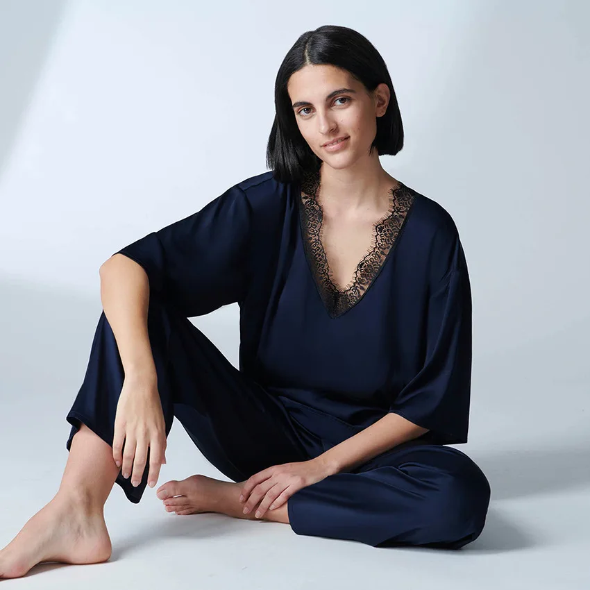 

New Women's Pajamas Set V-Neck Pant Sets Casual 2023 Home Suit Splicing Lace Sexy Nightwear Silk Satin Sleepwear 2023 New