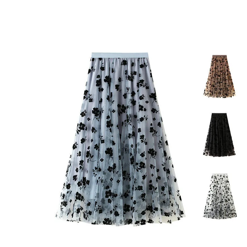 High Waist Long Mesh Skirt Tulle Skirt Women Spring Summer Elastic Women Pleated A-line Skirt Female Midi Skirt