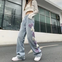 s 4xl love embroidery jeans for women spring autumn plus sizekorean fashion streetwear wide leg jean female denim trouser