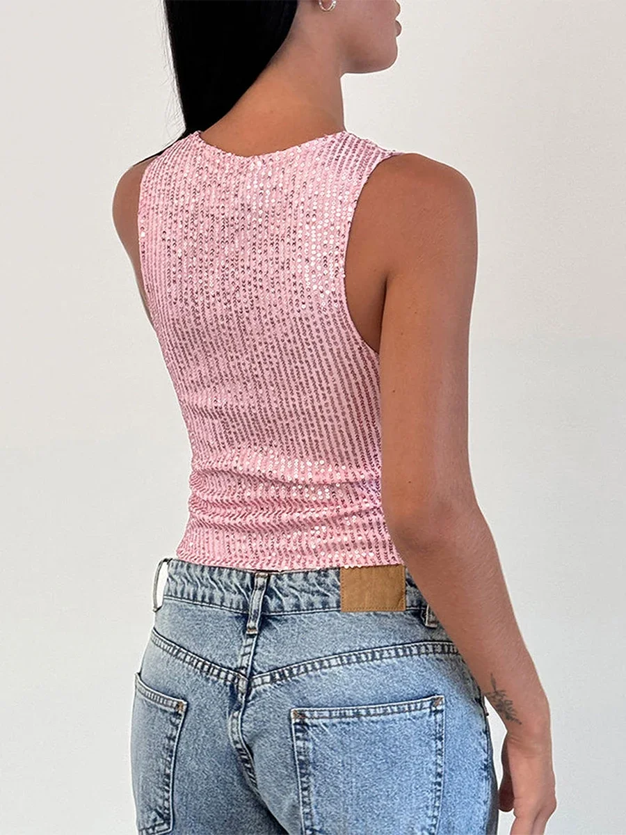 Женская футболка с блестками Облегающая майка без рукавов круглым вырезом лето