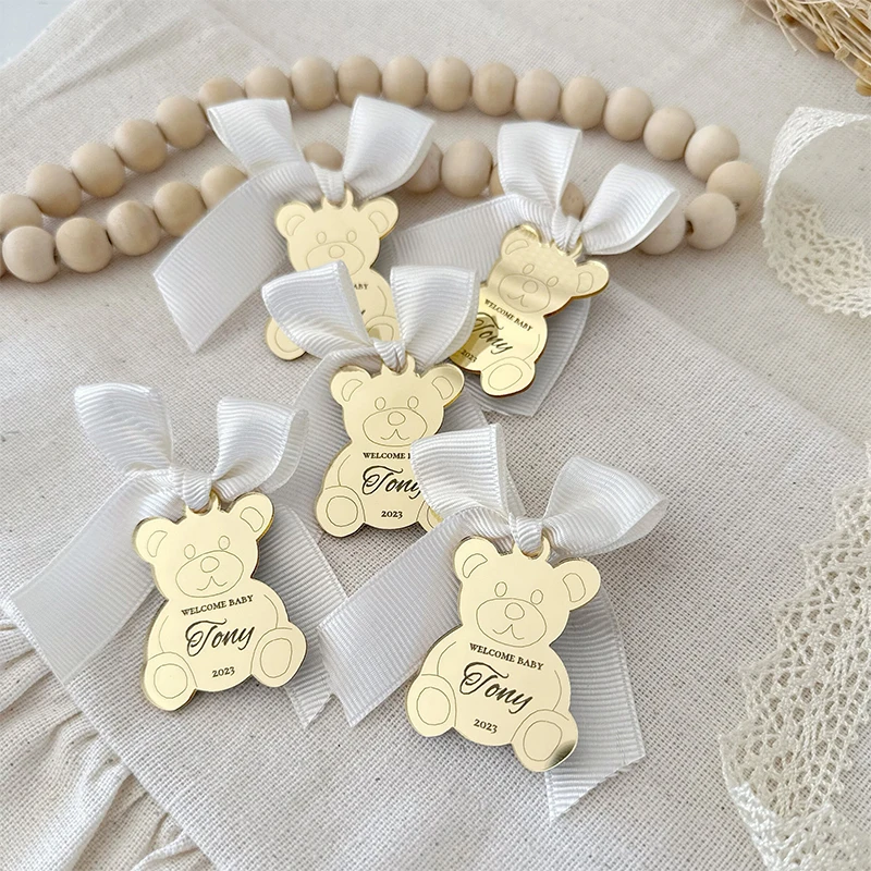 

Customized Acrylic Mirror Teddy Bear Tags Personalized Baby Shower Christening Gift Name Acrylic Tags Party Favor Decorations