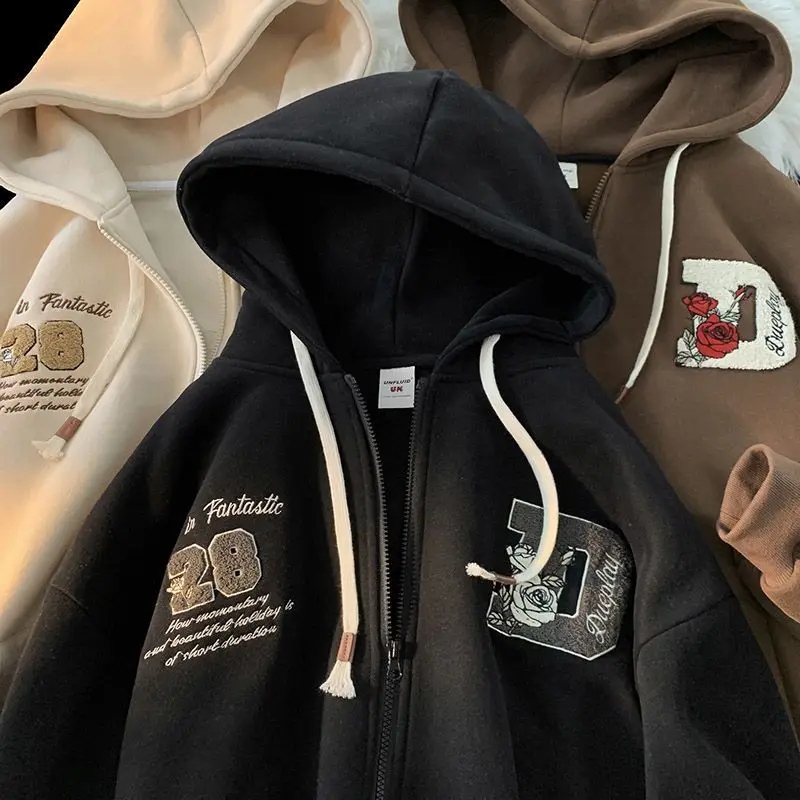 

Vintage Alphabet Embroidery Super Dalian Hoodie Women Zipper Long Sleeved Hoodie Y2K Aesthetic Fall Street hoodie Men 5XL