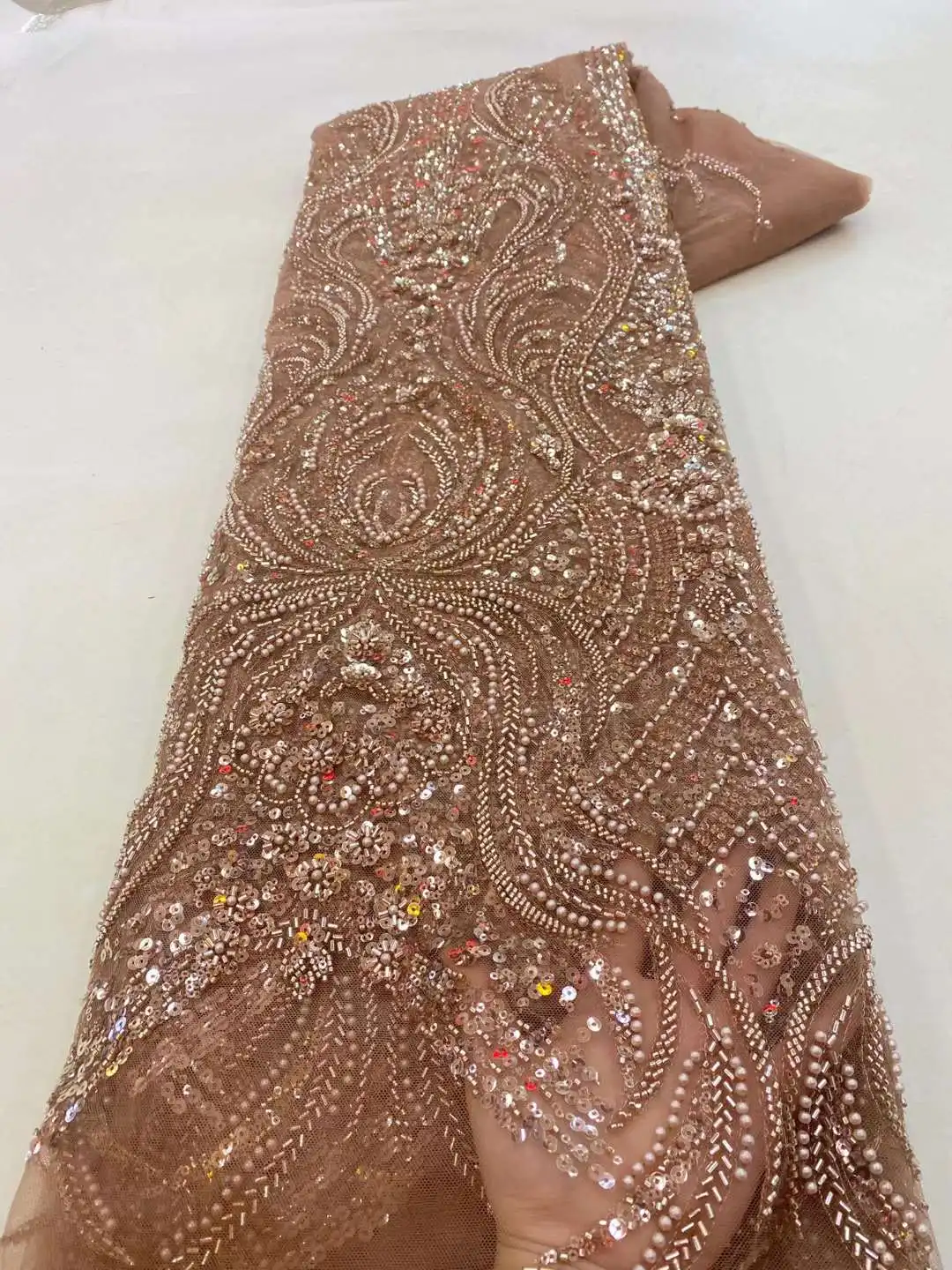 

Latest African Net Lace Fabric 3D Heavy Beads Material Embroidery Tulle French Mesh Lace Fabric With Sequins For Wedding
