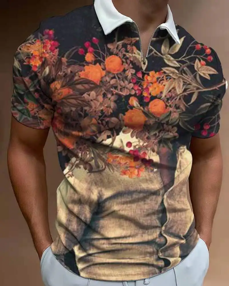 

New Summer Polo Shirts Men Short Sleeve Casual Polo Fashion Zip-up Pullover Tees Shirt Men's Vintage Printing Tops Streetwear