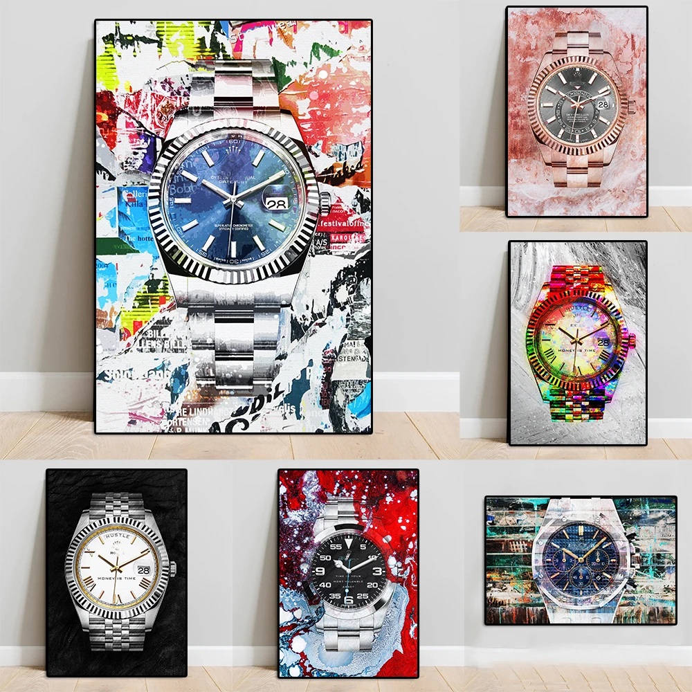 Роскошные часы граффити холст картина Современные Абстрактные акварель плакат