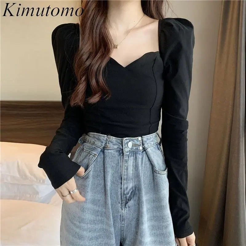 

Элегантная однотонная простая женская рубашка Kimutomo с V-образным вырезом и длинными пышными рукавами, стройнящая универсальная блузка, модн...