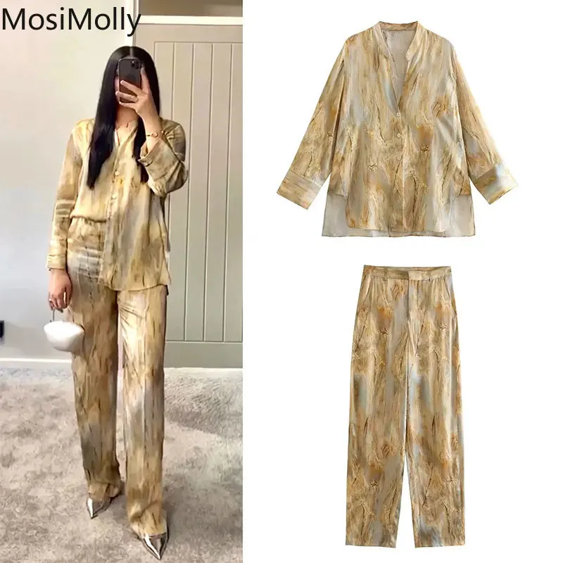 

Arab Women Pant Sets Blouses Pants 2 PCS Sets Tie Dye Print Women's Sets Long Pant Sets 2023 Elegant Party Club Satin Pant Sets
