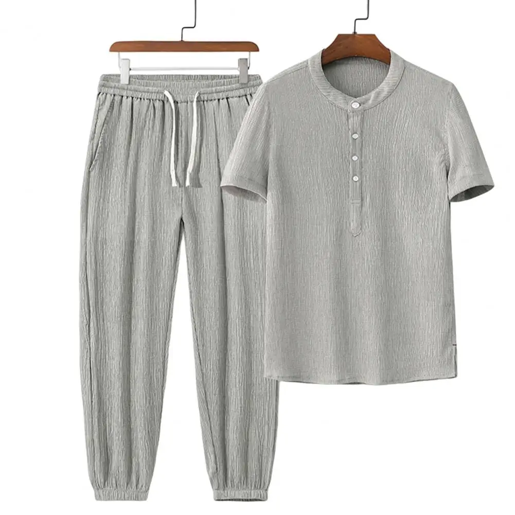 Trendy Men Top Pants Solid Color Summer Crew Neck Top Ankle Tied  Trousers  T-shirt Pants    Top Trousers 1 Set