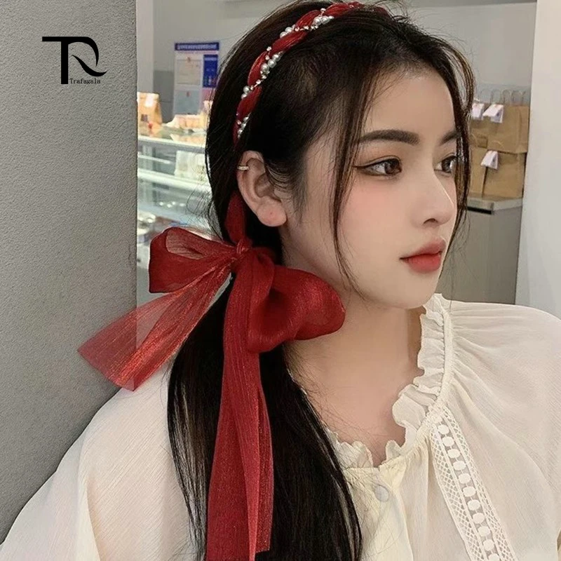 

Женская кружевная лента с жемчугом, повязка на голову с кисточками и цветами, аксессуары для волос для девочек, новинка 2022