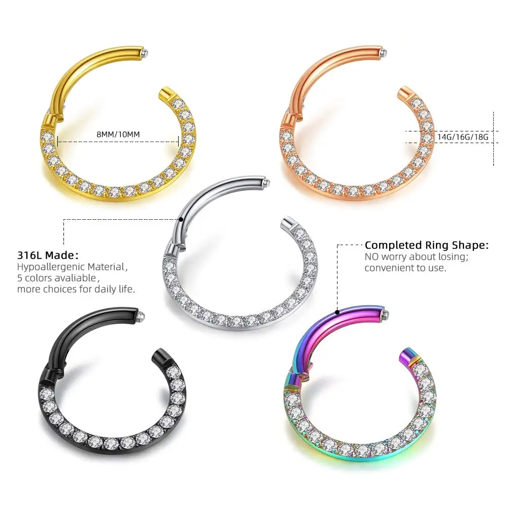 Round ShapeTitanium Nose Ring Zircon Septum Clicker Earrings Hoops Ear Cartilage Tragus Helix Piercing Jewelry