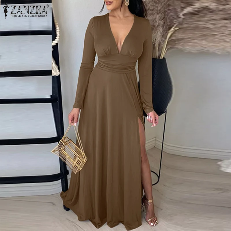 

Женское элегантное однотонное трикотажное платье ZANZEA, весеннее длинное платье с V-образным вырезом, женские платья с разрезом на талии, модн...