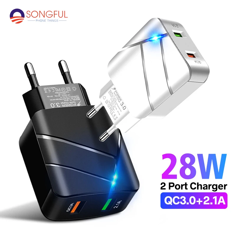 

QC 3.0 PD 18W USB Adapter 5V 3A Charger 2 Port Quick Charger Mobile Phone Illuminated 5 V Volt Power Supply Travel Wall US/EU
