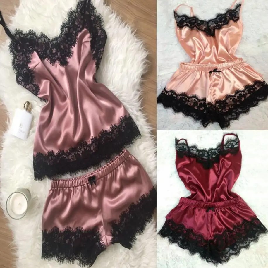 2023 New Women Bow Sleepwear Sleeveless Strap Nightwear Lace Trim Satin Cami Top Pajama Sets femme sexy lingerie pyjamas women