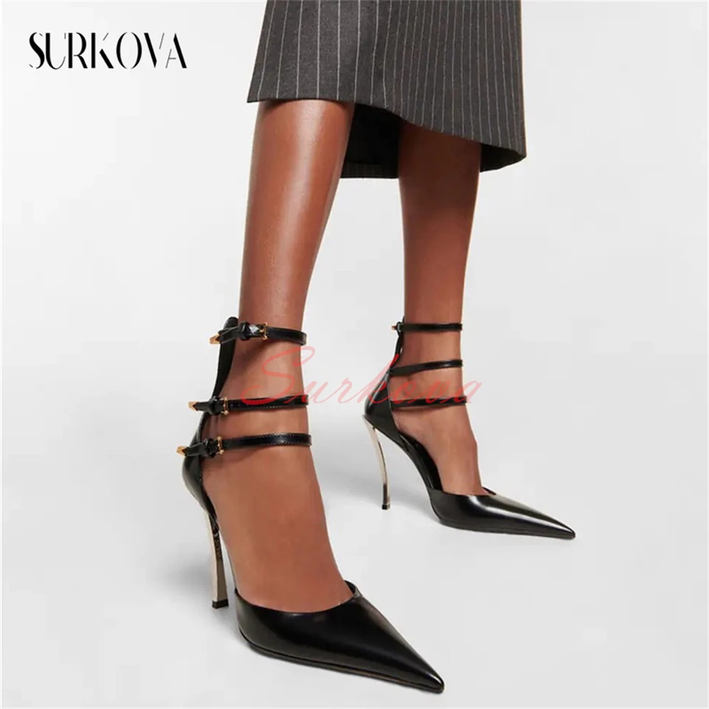 

Metal Curved Stilettos Point Toe Patent Leather Hollow High Heels Belt Buckle Narrow Band Sandals for Women Fashion Runway Shoes