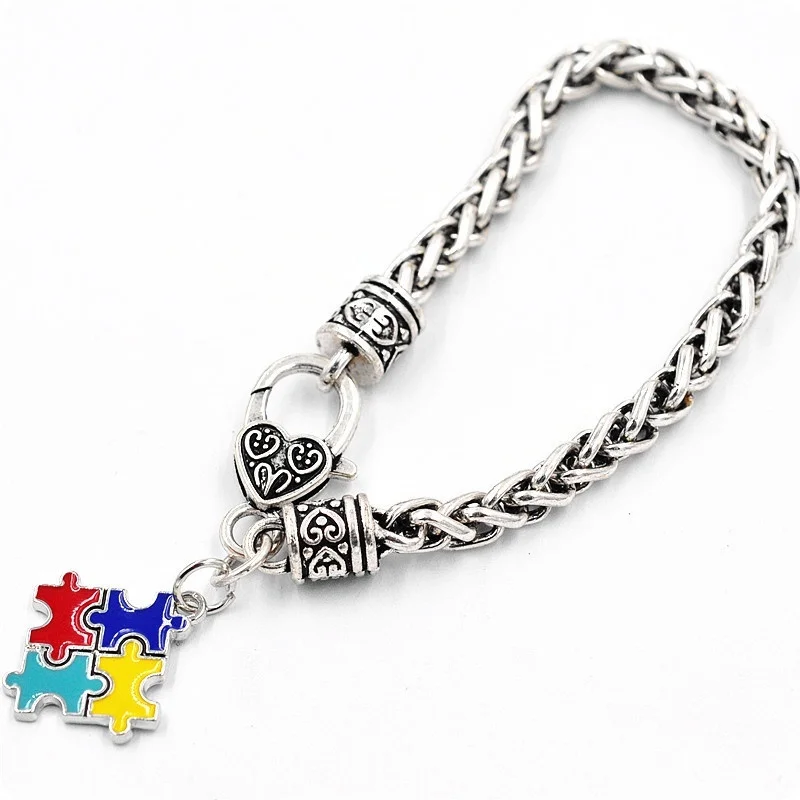 

Fashion Color Puzzle Pendant Crystal Bracelet Men and Women Exquisite Geometric Bracelet Autism Awareness Jigsaw Puzzle Charm