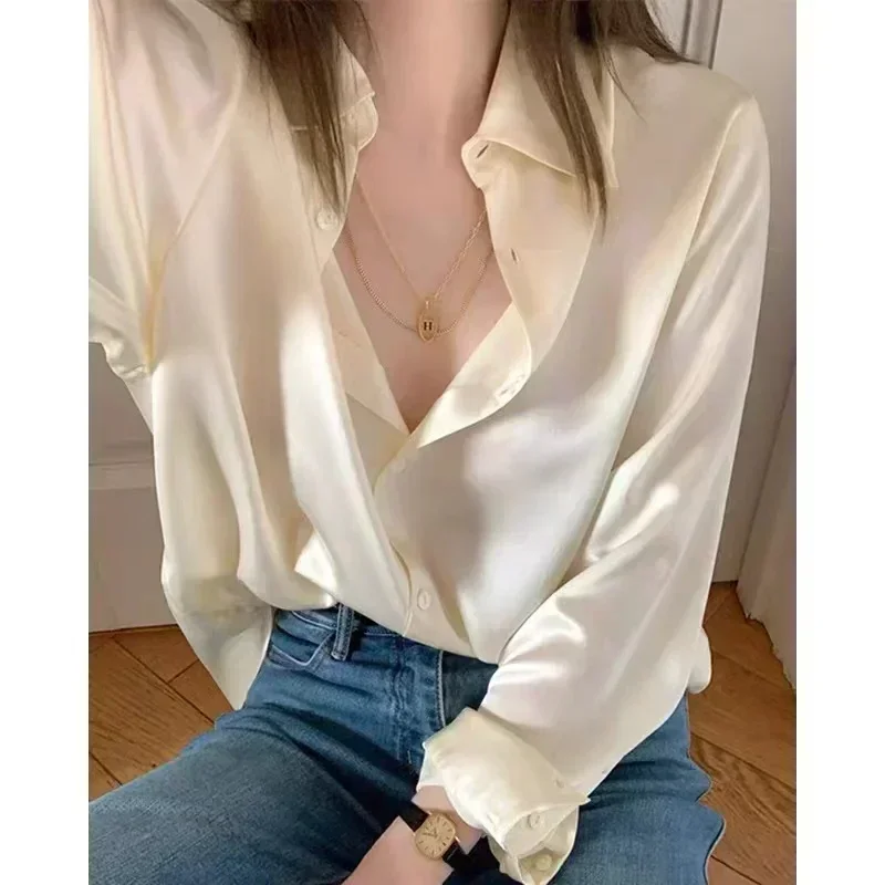 

Long Sleeve Fashion Satin Silk Office Shirts Autumn Lady Women Loose simple Blouse Bottoming Tops Shirts Clothes Blusas 29830