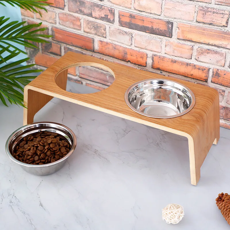 

Двойная миска для собак, поднос из нержавеющей стали, нескользящая Деревянная миска для воды, защита шеи питомца, обеденный стол для собак, к...