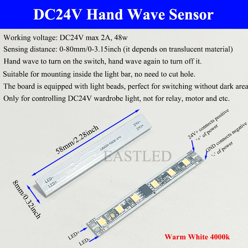 

DC24V 8 мм Плата датчика ручной волны 2A Модуль переключателя подметания без темных зон Умный светодиодный контроллер для кухонного шкафа Светодиодная лента