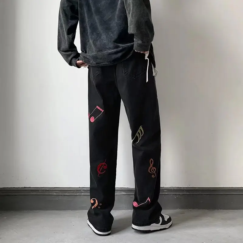 2022 New Fashion Musical Note Embroidery Straight Men Baggy Jeans Trousers Hip Hop Vintage Denim Pants Elegant Pantalones Hombre