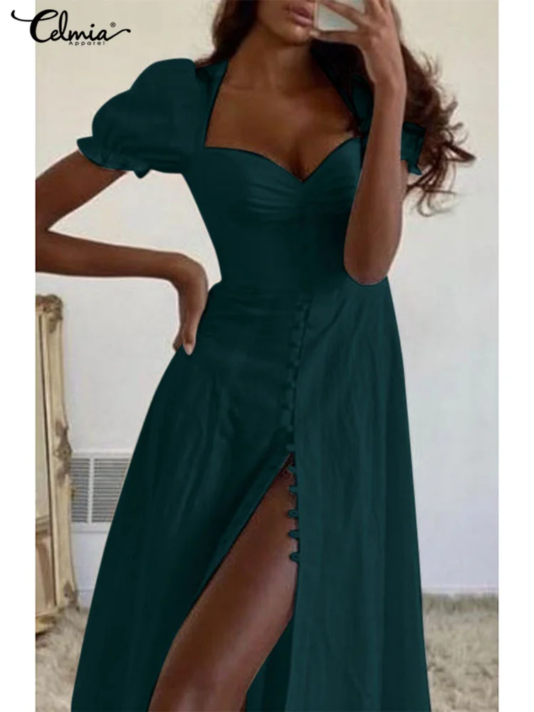 

Celmia Heart Neck Single-breasted Long Dress Fashion Short Puff Sleeve Elegant Lady Robes Women Vintage Pleated A-line Sundress