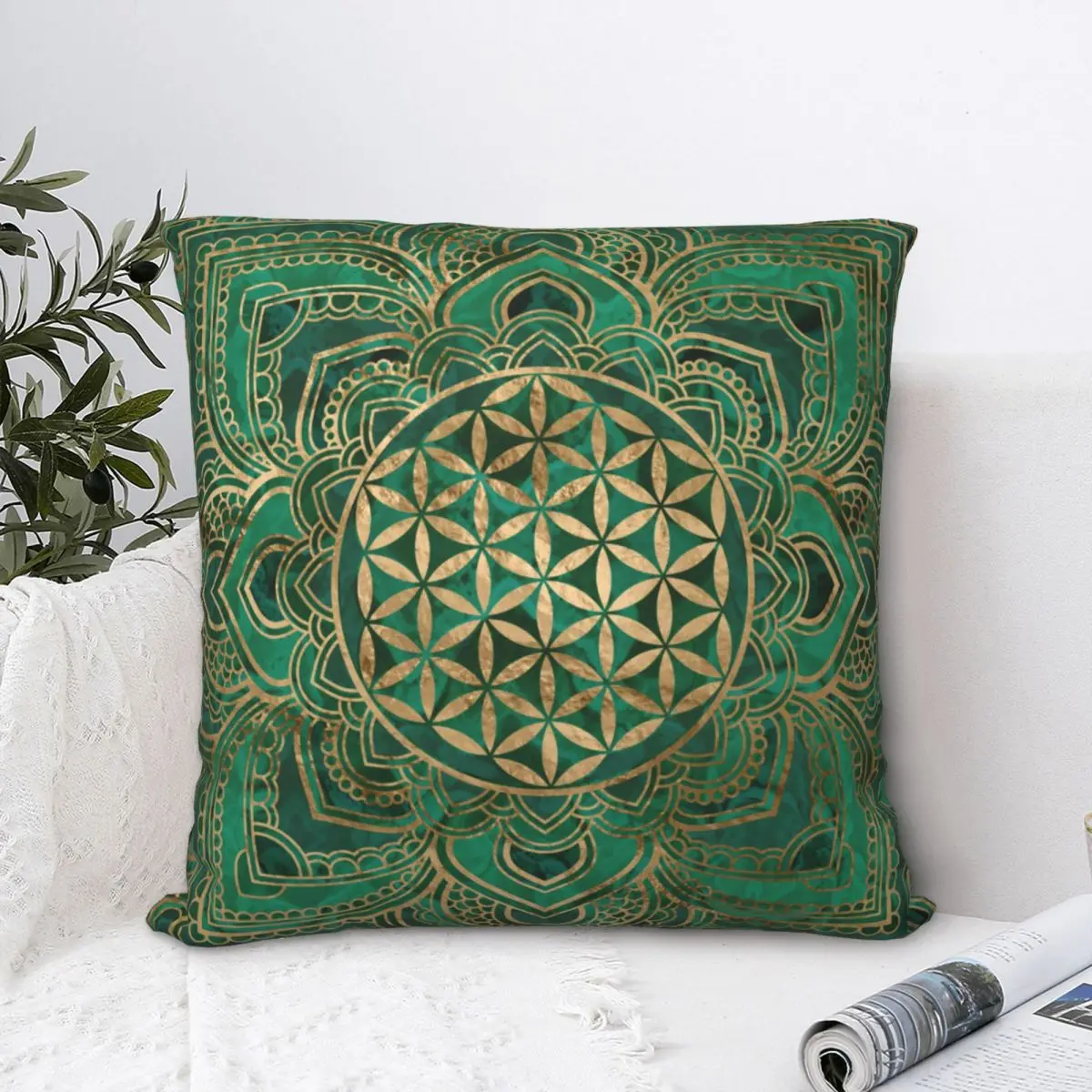 

Flower Of Life In Lotus Malachite And Gold Pillowcase Soft Cushion Cover Decoration Mandala Throw Pillow Case Cover Home 40*40cm