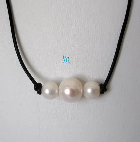 

Top Quality Real Pearl Necklace 18 inches Black Leather Freshwater Pearl Jewelry Birthday Party Classic Necklace Women Gift