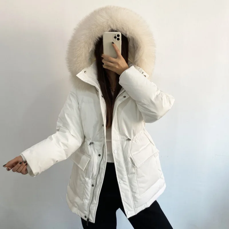 

White Duck Down Jacket Women's Real Fur Collar Hat Hooded Medium Long Thickened Warm Solid Elegant Waist Drawstring Parker