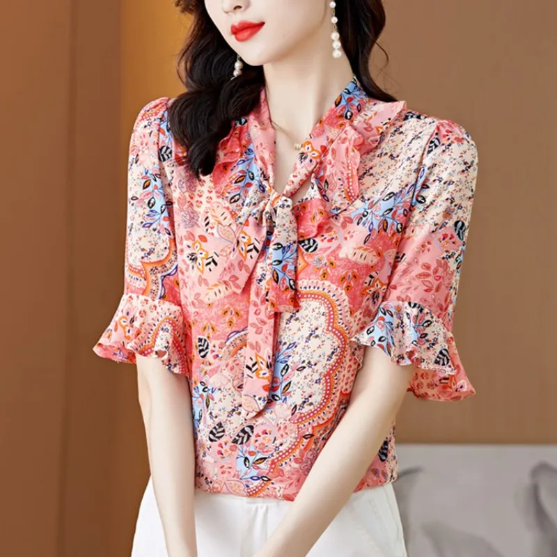 

Fashion Blouse Women V-Neck Bow Chiffon Short Batwing Sleeve Women Shirts Blouses 2023 Summer Print Women Tops Floral Clothing
