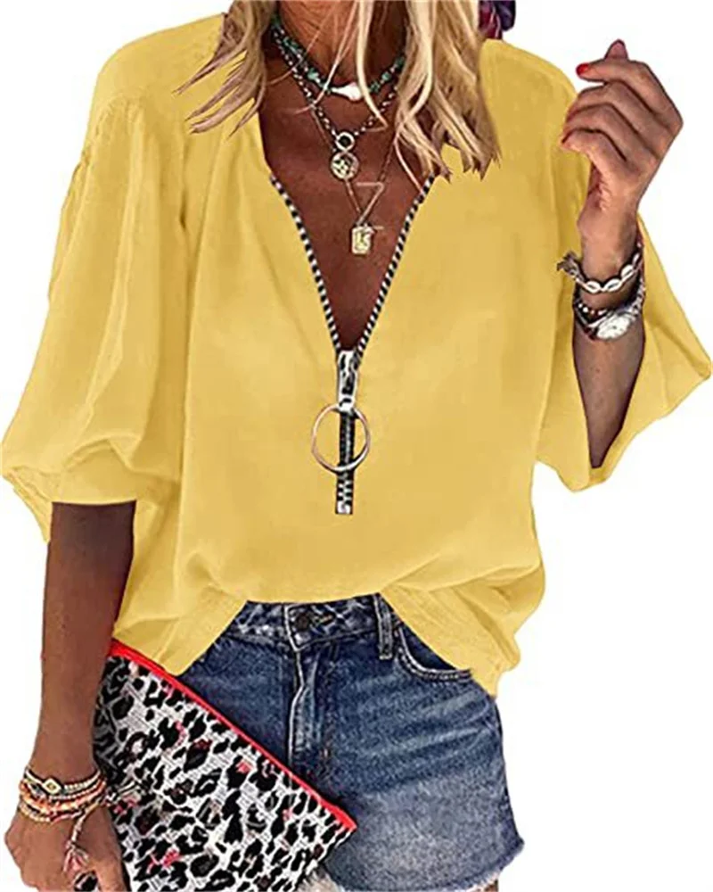 Spring Summer New Solid Color Lantern Sleeve Zipper V-Neck Blouses Women's Office Lady Casual Loose Shirt Tops Blusas |
