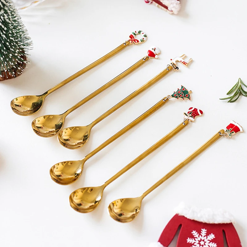 

6PCs Christmas Pendant Spoon Stainless Steel Christmas Spoons Xmas Party Ice Cream Stirring Coffee Spoon Christmas Decorations