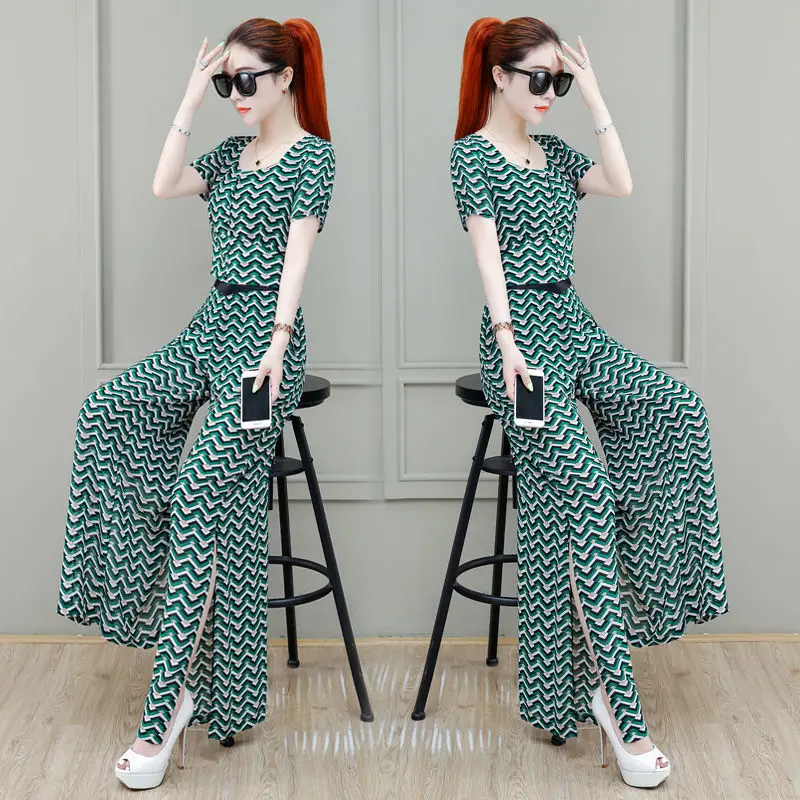 

Women 2022 Summer Elegant Two Piece Sets Printed Clothes Office Lady Suit Short Sleeve Blouses Shirts + Wide Leg Pants Set N18