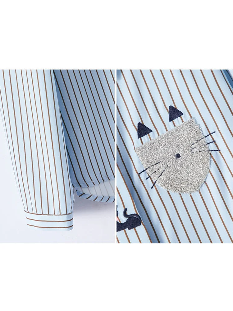 Повседневные свободные полосатые модные женские блузки на пуговицах с вышивкой