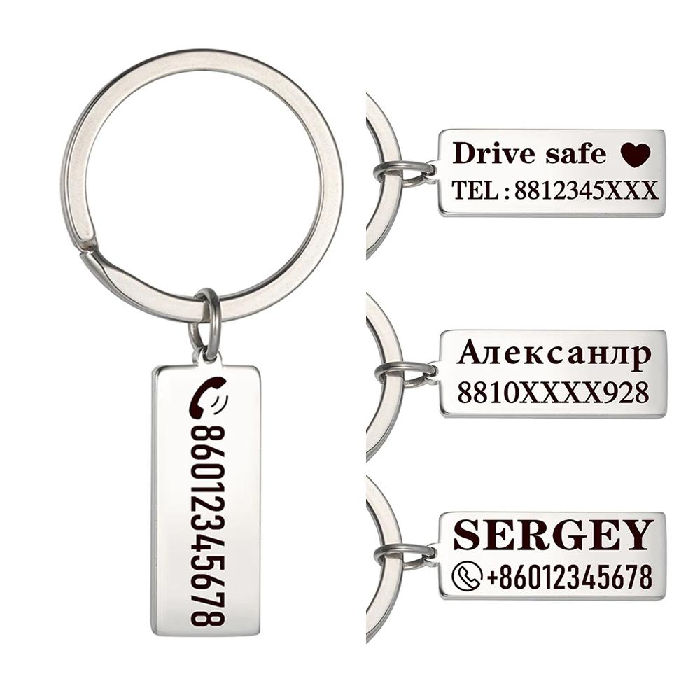 

Car Keychain Personalized Name Phone Number Custom key Ring Stainless Steel Drive Safe Gift For Man Father Dad Women Jewelry