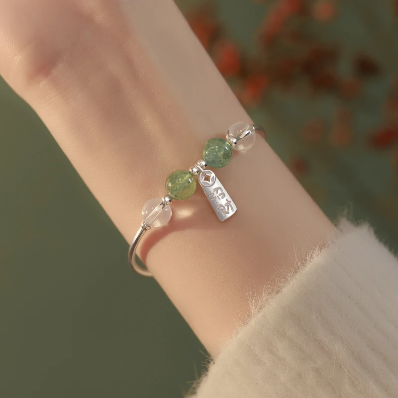 

925 Sterling Silver Charm Bracelet Women's Natural Green Strawberry Crystal Boudoir Fashion Round Beads Ladies Hand Accessories