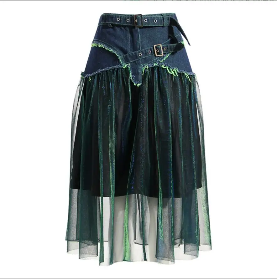 

Summer New Denim Panel Colorful Mesh Women Skirt Green Contrast High Waist Mid Length A-line Skirt All Match Personality Dress
