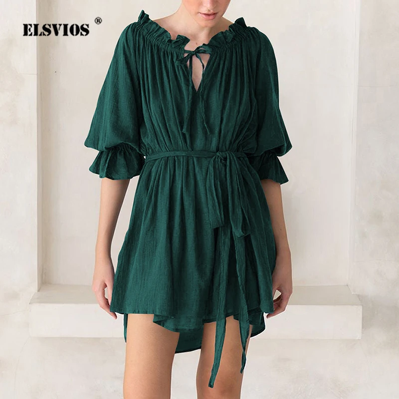 

Новинка весна-лето 2023 модное однотонное женское повседневное свободное платье с одной линией воротника на шнуровке с оборками Женская короткая юбка