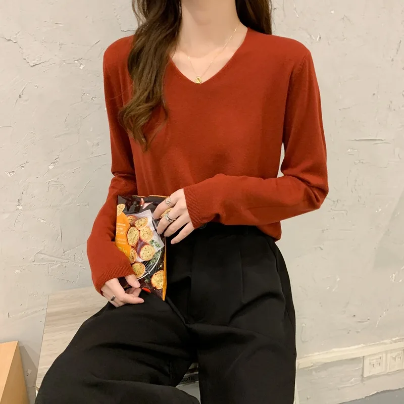 

Long Sleeve Versatile V-Neck Solid Color Temperament Bottoming Shirt 2022 gray