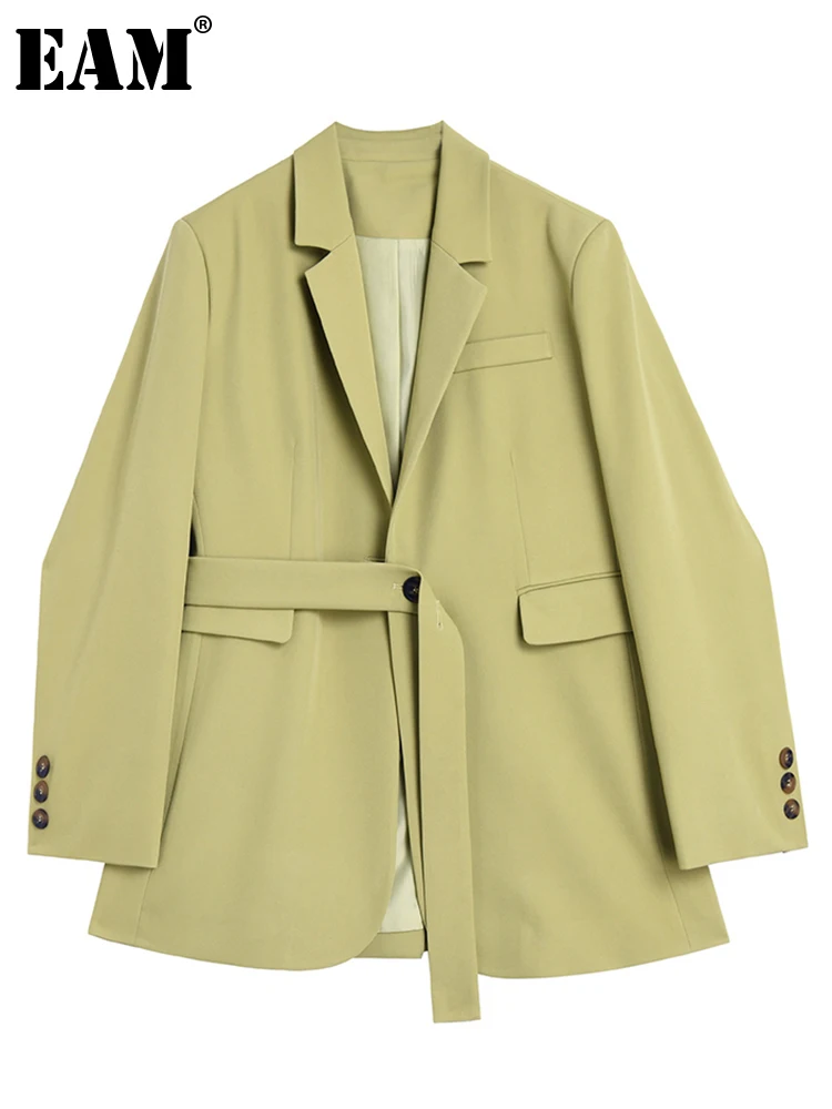 

[EAM] Women Green Bandage Big Size Blazer New Lapel Long Sleeve Loose Fit Jacket Fashion Tide Spring Autumn 2022 1DE0496