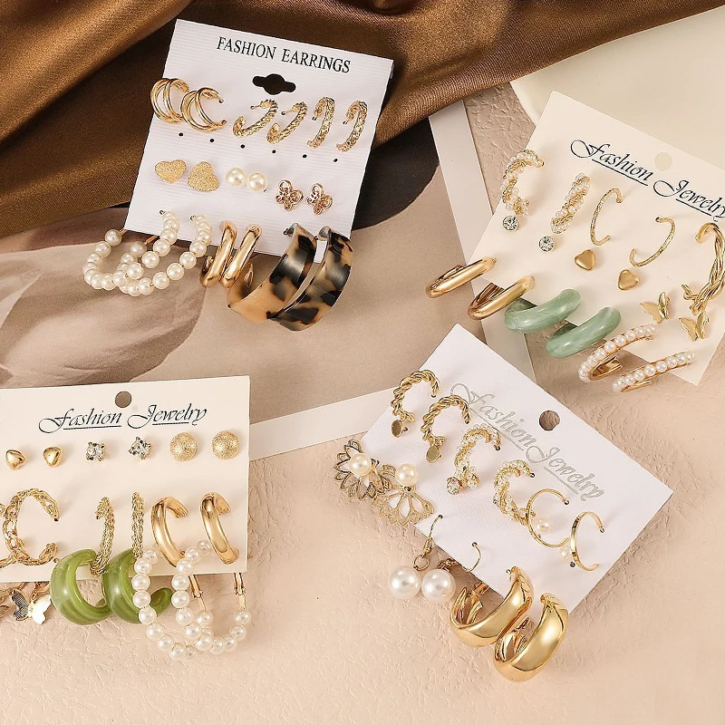 

Fashion Vintage Pearl Metal Acrylic Earrings Set for Women Geometirc Gold Hoop Drop Earrings Brincos Trend Jewelry Gift Party