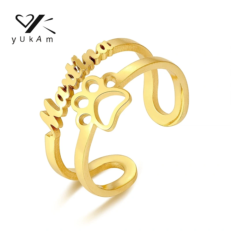YUKAM Double Layer Cute Paw Print Letter Ring Woman Stainless Steel Rings Wedding Accessories Customized Gifts Custom Name Women