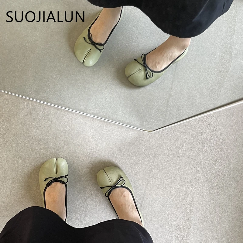 SUOJIALUN 2022 Summer 2022 Women Flat Shoes Fashion Split Toes Ladies Soft Casual Loafer Shallow Slip On Dress Ballerina Mujer
