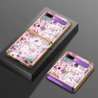 luxury flower painting case is applicable to samsung z flip mobile phone case galaxy z flip electroplated glass protective cover