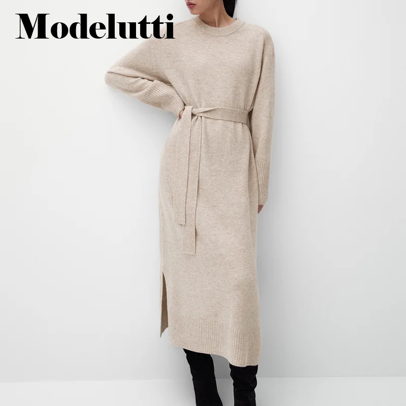 

Modelutti 2022 New Spring Autumn Wool Sweater Fashion Belt Slit Knit Midi Dress Solid Color Simple Casual Temperament Top Women