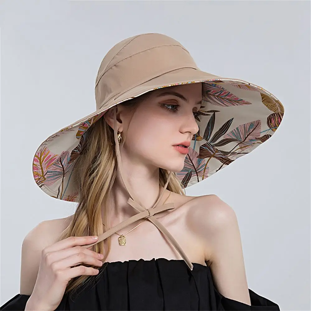 

Leaf Pattern Summer Reversible Foldable Wide Brim Anti-UV Sun Hats Half Empty Top Hat Visor Caps Sunscreen Caps