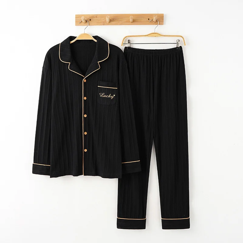 pajamas men's knitted pure cotton spring autumn winter long sleeve pure color casual atmosphere cardigan lapel home clothes