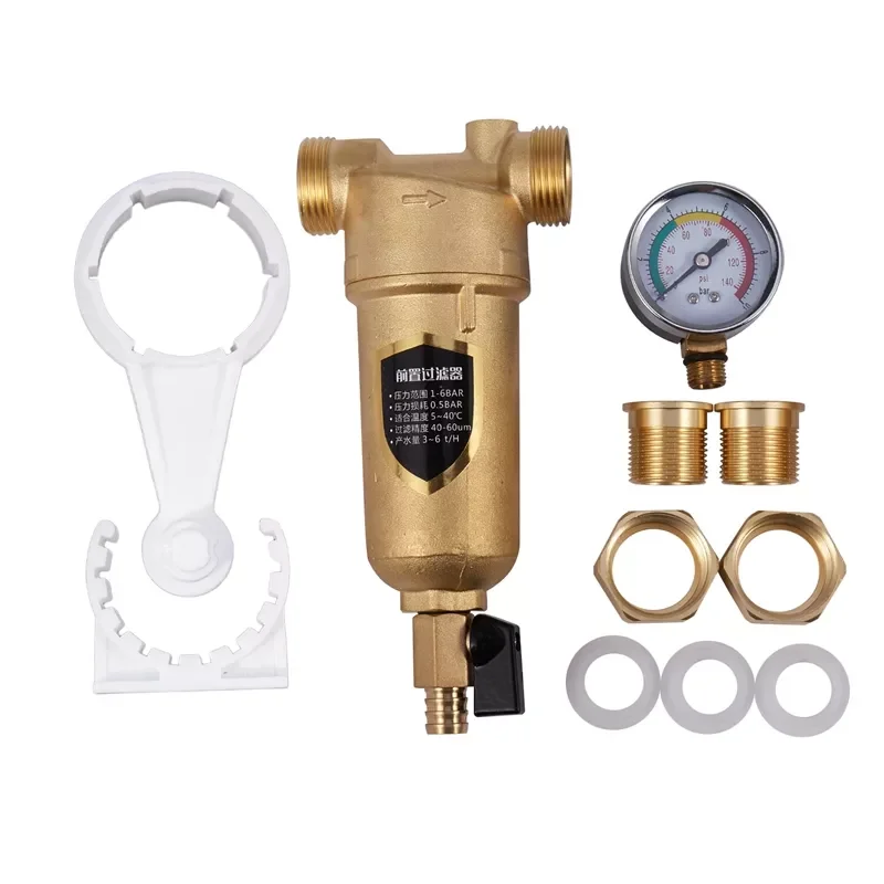 Water Filter Purifier System Pure Brass Body Stainless Steel Mesh Prefiltro with Gauge