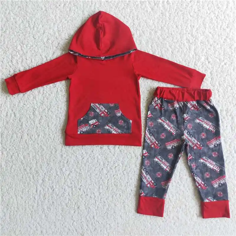 

Pocket fire truck boys Hooded Long Sleeve shirt pants Sets fall Winter Suits Baby Kids Boutique Wholesale High Quality Clothing