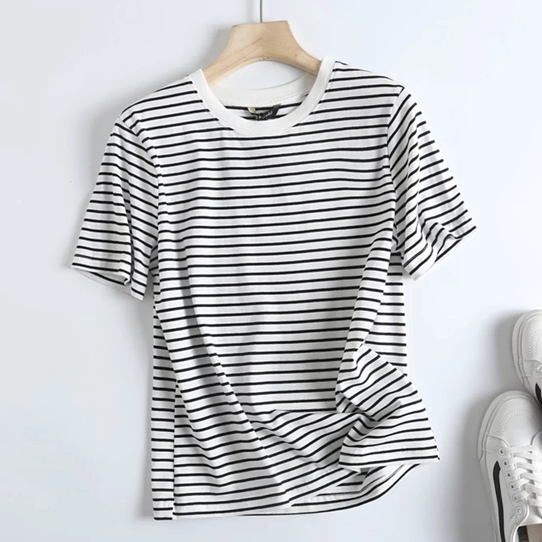 

Elmsk England Style Casual Summer T Shirt Tops Fashion Simple Striped Round Collar Cotton Tshirts Women
