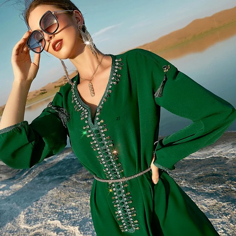 Moroccan Caftan Dubai Abaya Dresses Women Tassel Handsewn Diamonds Muslim Arab Saudi Jalabiya Robe Party Evening Gowns Kaftan